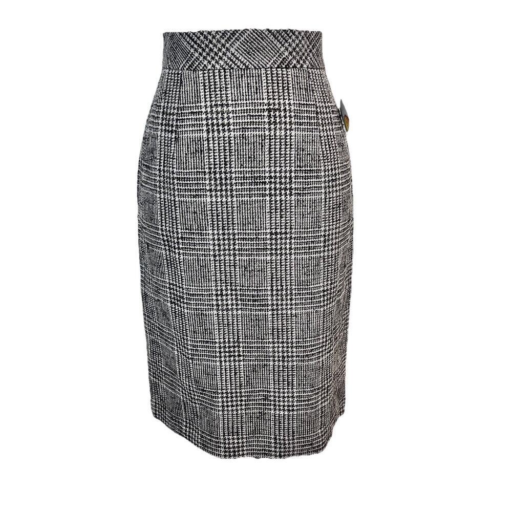Talbots Skirt sz 4 Petite Black Gray Hounds Tooth Plaid Wool Pencil Knee Preppy